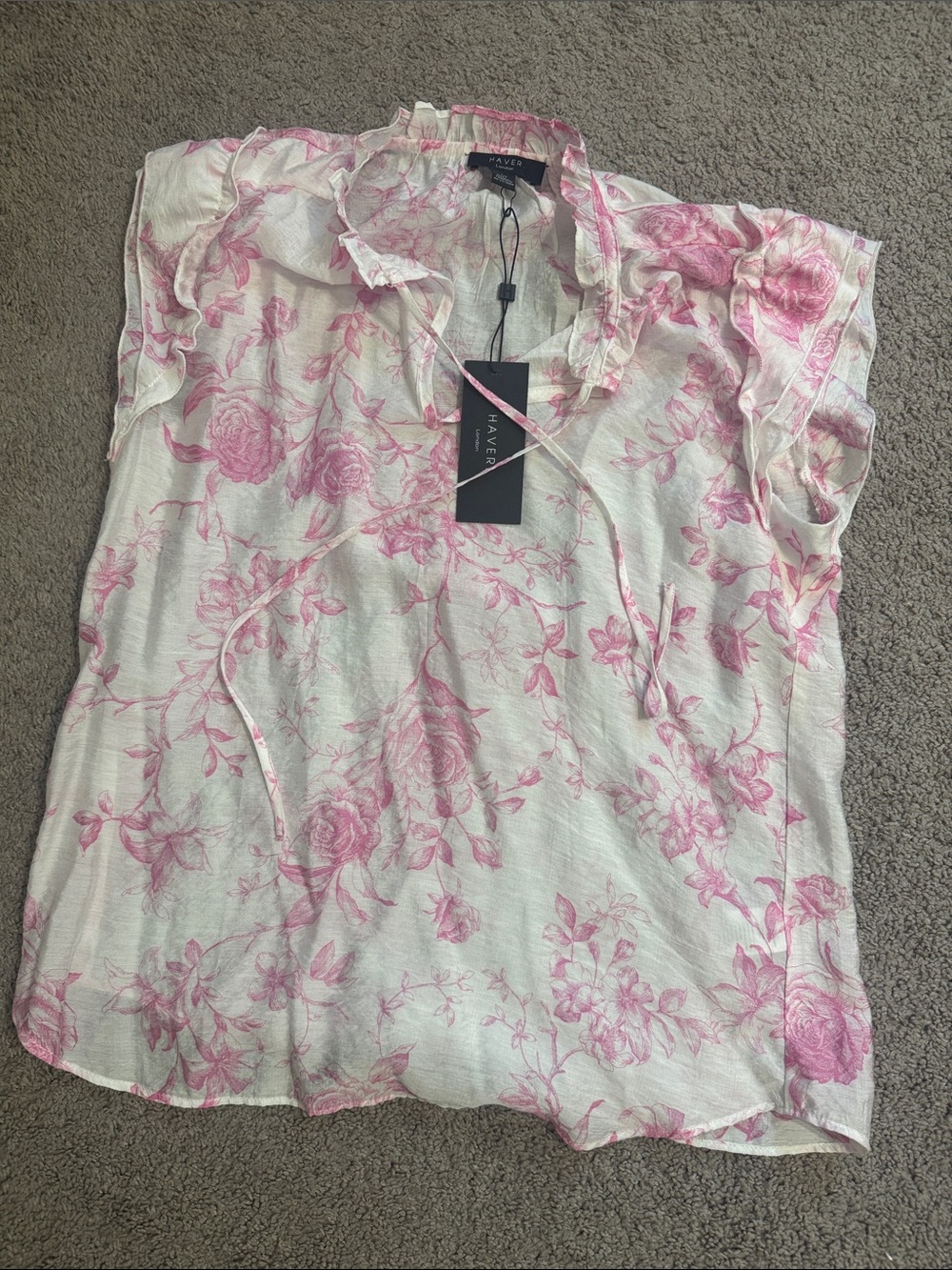 Have Cream Blouse with Pink Floral Print and Ruffle Neck